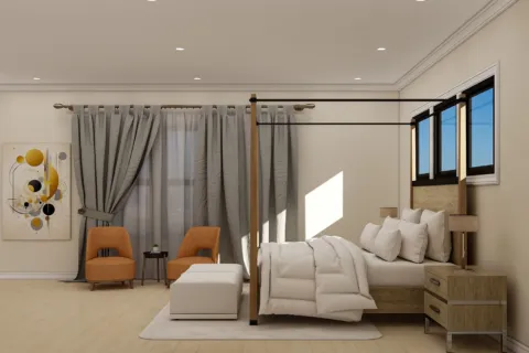 Dekorasi kamar tidur utama bergaya minimalis dengan pencahayaan hangat dan tanaman hias indoor