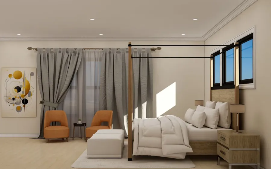 Dekorasi kamar tidur utama bergaya minimalis dengan pencahayaan hangat dan tanaman hias indoor